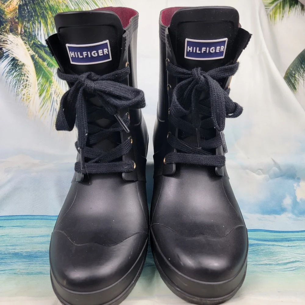 Tommy Hilfiger Rain Boots  Navy Blue Lace Up Rubber Womens 10